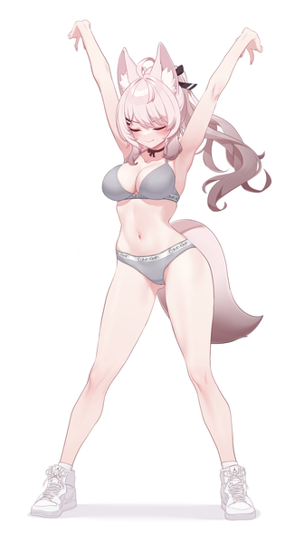 Anime picture 2370x4238 with original narynn single long hair tall image blush highres breasts light erotic simple background large breasts standing white background animal ears full body ahoge white hair tail long sleeves animal tail