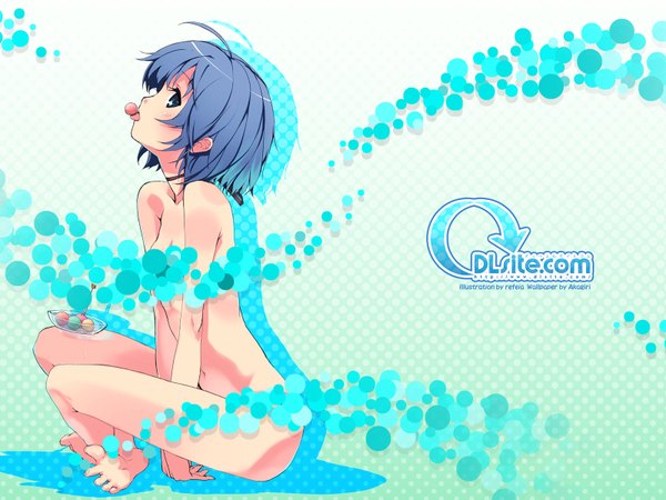 Anime picture 1600x1200 with dlsite.com elle sweet refeia highres short hair light erotic blue hair ahoge barefoot wallpaper topless soles tongue toe-spread