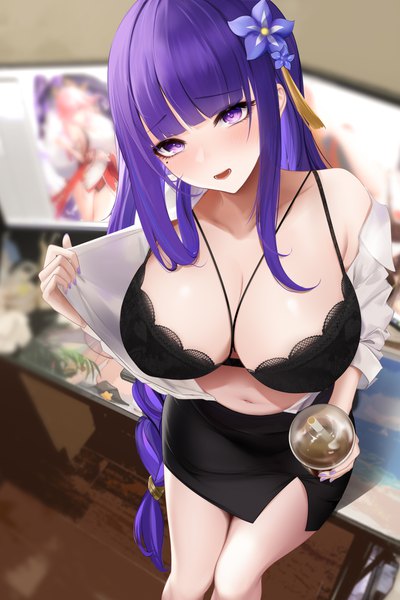 Anime picture 4000x6000 with genshin impact raiden shogun yae miko liu liaoliao single long hair tall image looking at viewer blush fringe highres breasts open mouth light erotic smile large breasts standing purple eyes holding absurdres