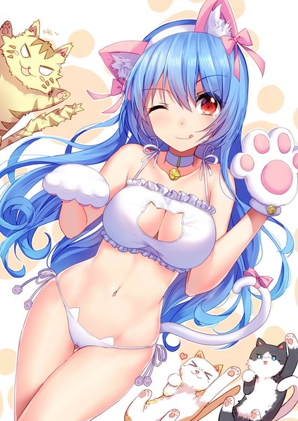 Anime picture 1024x1447 with warship girls r quincy (warship girls r) bison cangshu single long hair tall image blush fringe breasts light erotic smile red eyes large breasts bare shoulders animal ears blue hair tail head tilt animal tail one eye closed