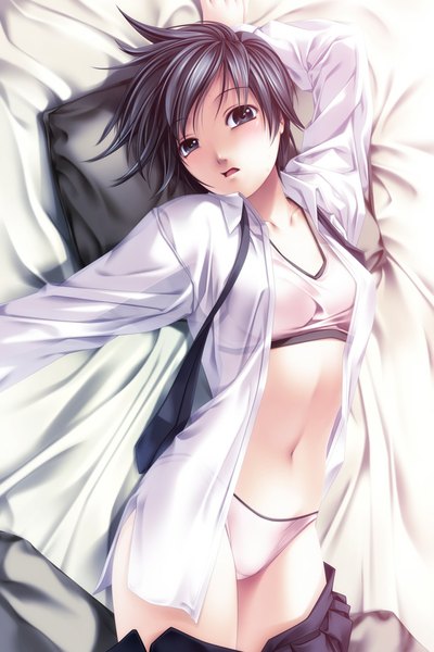 Anime picture 640x960 with original rezi single tall image short hair light erotic black hair black eyes girl navel underwear panties lingerie bra pillow bed