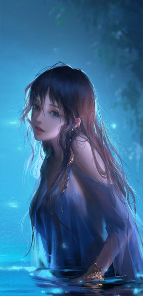 Anime picture 2364x4872 with original q3qstudio single long hair tall image looking at viewer fringe highres blue eyes light erotic hair between eyes brown hair bare shoulders upper body outdoors parted lips realistic partially submerged girl water