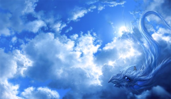 Anime picture 1375x800 with original ucchiey blue eyes wide image sky cloud (clouds) flying fantasy riding animal sun dragon