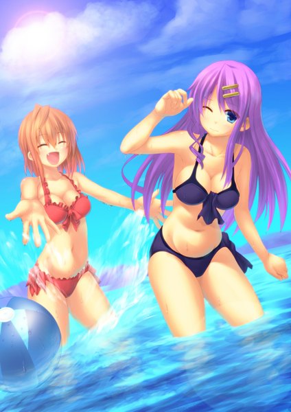 Anime picture 1000x1415 with original ese shinshi long hair tall image blush short hair breasts open mouth blue eyes light erotic smile multiple girls sky purple hair cloud (clouds) eyes closed one eye closed wink orange hair girl