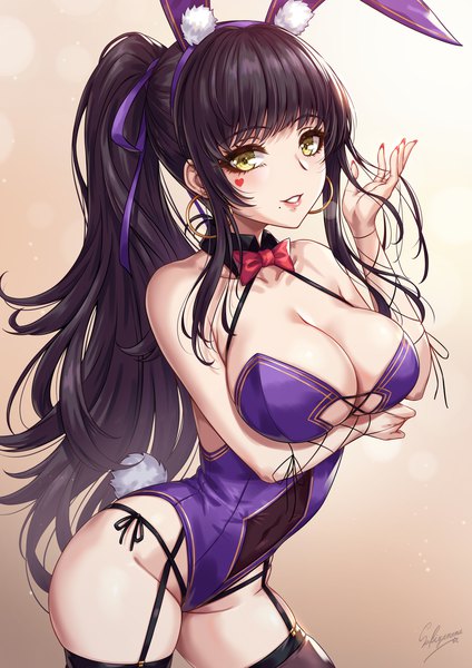 Anime picture 1500x2121 with original sakiyamama single long hair tall image looking at viewer fringe breasts light erotic black hair simple background smile large breasts standing signed animal ears yellow eyes payot cleavage ponytail