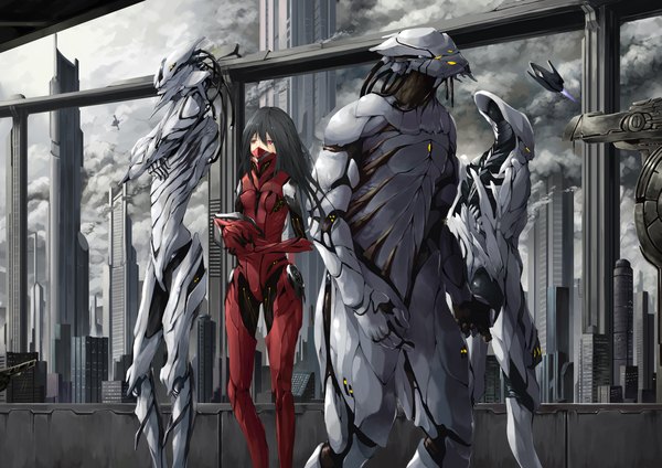 Anime picture 2339x1654 with original solru (tyappygain) long hair highres black hair red eyes standing looking away city cityscape mechanical cyberpunk girl boy helmet spacesuit