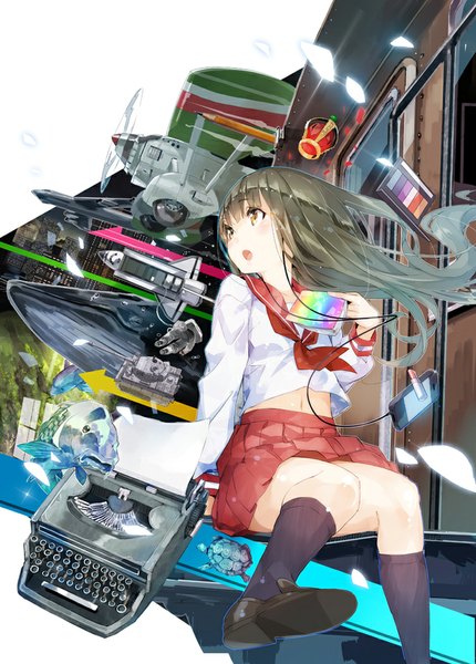 Anime picture 752x1050 with original yuugen long hair tall image open mouth black hair yellow eyes looking away lipstick astronaut girl skirt animal shirt socks headphones black socks fish (fishes) crown ground vehicle