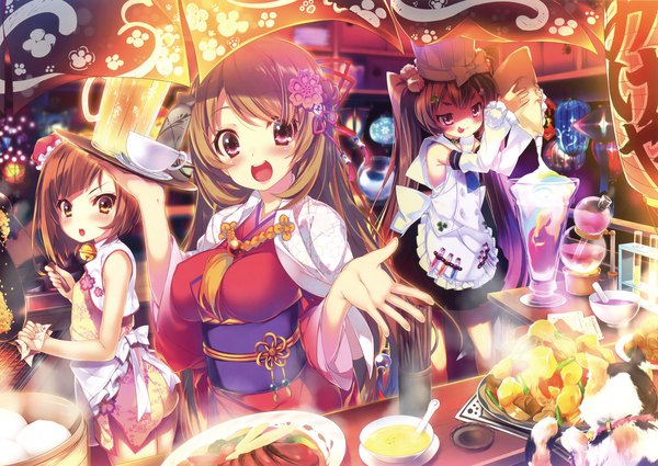 Anime picture 3300x2342 with original eshi 100-nin ten mayusaki yu long hair looking at viewer blush highres short hair open mouth brown hair twintails purple eyes multiple girls brown eyes absurdres traditional clothes japanese clothes scan cooking girl