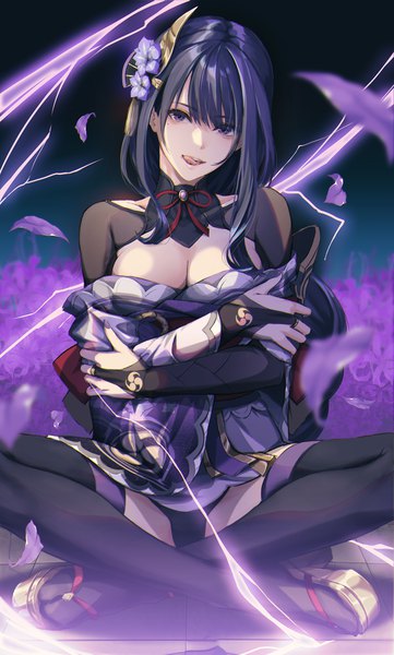 Anime picture 1500x2490 with genshin impact raiden shogun 801081882x single long hair tall image looking at viewer fringe breasts light erotic sitting purple eyes cleavage purple hair blunt bangs nail polish traditional clothes japanese clothes fingernails off shoulder