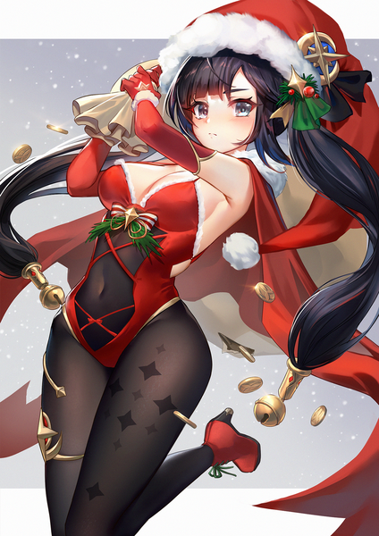 Anime picture 1357x1920 with genshin impact mona megistus lalazyt single long hair tall image breasts blue eyes light erotic black hair large breasts standing twintails cleavage standing on one leg christmas outside border girl gloves hat