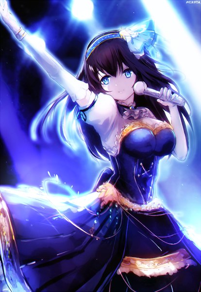 Anime picture 560x810 with idolmaster idolmaster cinderella girls idolmaster cinderella girls starlight stage sagisawa fumika nekoya (liu) single long hair tall image fringe breasts blue eyes black hair smile hair between eyes looking away arm up puffy sleeves bright memories girl dress