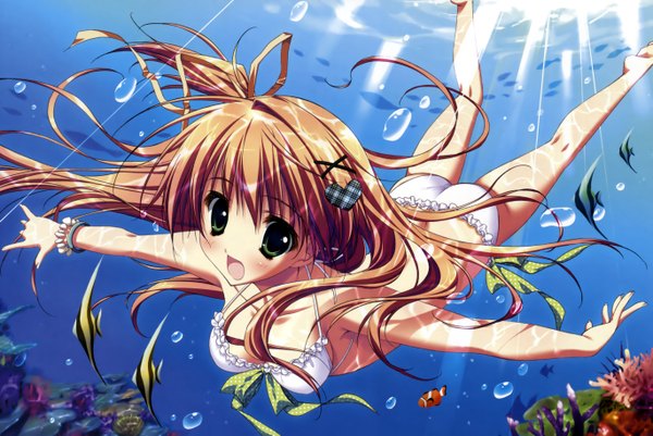 Anime picture 5467x3660 with hoshizora e kakaru hashi doga kobo nakatsugawa ui tagme (artist) single long hair blush highres short hair open mouth light erotic brown hair absurdres sunlight one side up spread arms underwater girl hair ornament swimsuit