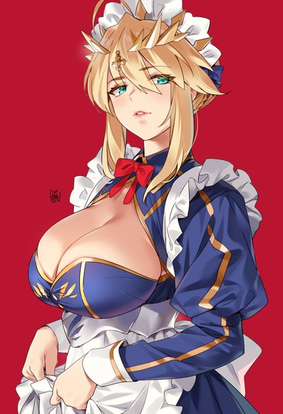 Anime picture 1622x2376 with fate (series) fate/grand order artoria pendragon (all) artoria pendragon (lancer) yd (orange maru) single tall image looking at viewer blush fringe short hair breasts light erotic simple background blonde hair hair between eyes large breasts standing signed payot