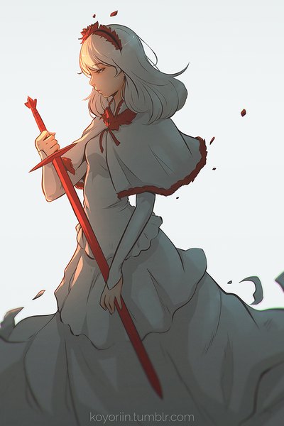 Anime picture 682x1024 with momodora: reverie under the moonlight fennel (momodora) koyoriin single long hair tall image simple background standing holding brown eyes signed white hair profile hair flower watermark looking down blue background backlighting girl dress