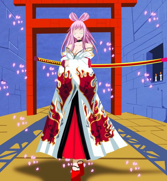 Anime picture 3500x3803 with fairy tail ikaruga (fairy tail) eikens single long hair tall image highres smile bare shoulders pink hair absurdres traditional clothes japanese clothes aqua eyes high heels lipstick coloring girl weapon petals