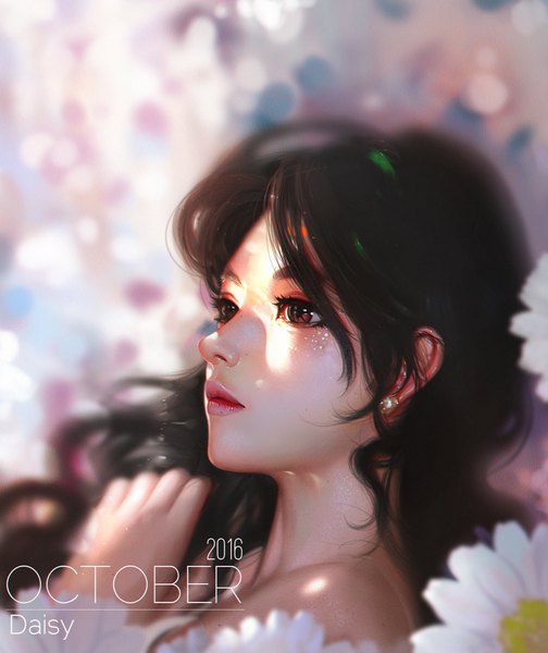 Anime-Bild 1000x1189 mit original liang xing single long hair tall image fringe black hair bare shoulders brown eyes looking away lips sunlight blurry realistic inscription shadow lipstick dated portrait light