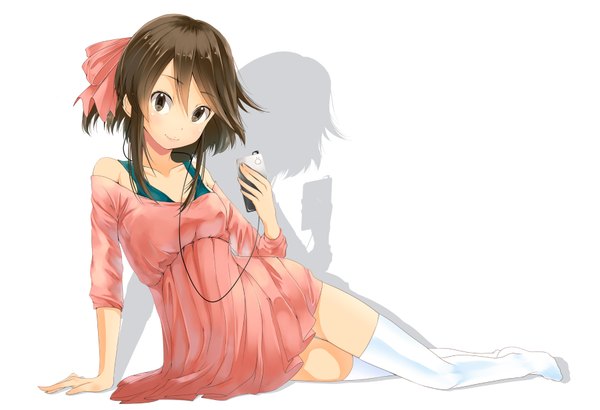Anime picture 1800x1232 with original yae (mono110) single long hair looking at viewer highres simple background brown hair white background bare shoulders brown eyes light smile arm support shadow no shoes girl thighhighs dress bow hair bow