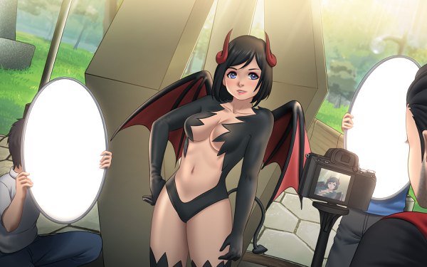 Anime picture 2400x1500 with love convention momo (love convention) mawa setiawan looking at viewer highres short hair breasts light erotic black hair game cg tail parted lips horn (horns) multiple boys hand on hip demon tail cosplay demon wings alternate hair color girl