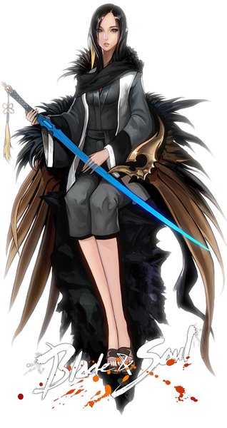 Anime picture 795x1500 with blade & soul sakusaku (frostce) single long hair tall image looking at viewer black hair simple background white background sitting pointy ears black eyes girl weapon sword katana