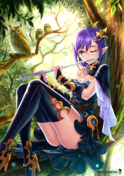 Anime picture 1117x1579 with original wox single tall image blush short hair blue eyes light erotic sitting purple hair one eye closed pointy ears wink playing instrument girl dress hair ornament plant (plants) animal tree (trees)