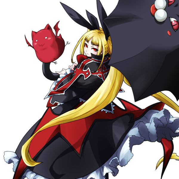 Anime picture 1024x1024 with blazblue blazblue: continuum shift rachel alucard gii nago katou yuuki long hair looking at viewer simple background blonde hair red eyes standing twintails holding blunt bangs looking back from above from behind official art black background