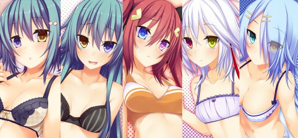 Anime picture 1200x559 with original rebecca arcane leura (suterii) suterii long hair blush short hair breasts open mouth light erotic wide image multiple girls blue hair white hair red hair heterochromia multiview column lineup girl bra