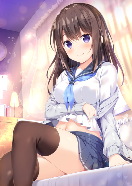 Anime picture 1254x1771 with original tomoo (tomo) single long hair tall image looking at viewer blush fringe breasts light erotic smile brown hair sitting purple eyes bent knee (knees) indoors braid (braids) long sleeves pleated skirt sunlight