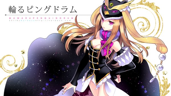 Anime picture 1600x900 with mawaru penguindrum takakura himari princess of the crystal nardack long hair breasts open mouth simple background brown hair wide image white background cleavage pink eyes inscription copyright name starry sky print dress hat star (symbol) star (stars)