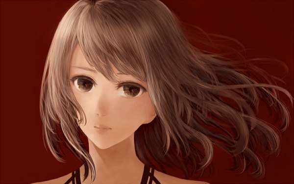 Anime picture 1152x720 with original bounin single looking at viewer short hair simple background brown hair wide image brown eyes wind portrait face red background girl