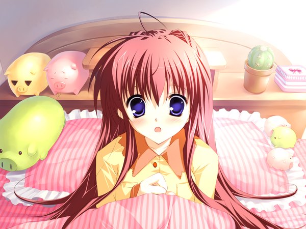 Anime picture 1600x1200 with lyrical lyric asakura nanao mikeou long hair looking at viewer blush open mouth purple eyes game cg ahoge red hair from above girl pillow bed toy pajamas blanket cactus