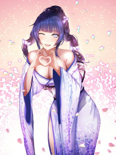Anime picture 747x1000 with original a-line single long hair tall image breasts open mouth blue eyes light erotic smile blue hair cleavage traditional clothes japanese clothes one eye closed wink heart hands girl petals heart