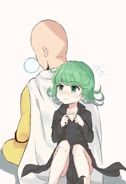 Anime picture 2290x3350 with one-punch man madhouse tatsumaki saitama (one-punch man) huwari (dnwls3010) tall image blush highres short hair simple background smile sitting green eyes green hair shadow sweat embarrassed looking up sleeping back to back
