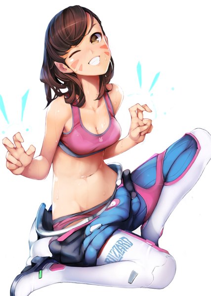 Anime picture 1280x1800 with overwatch blizzard entertainment d.va (overwatch) ataruman single long hair tall image fringe breasts open mouth light erotic simple background smile brown hair white background sitting brown eyes looking away cleavage full body