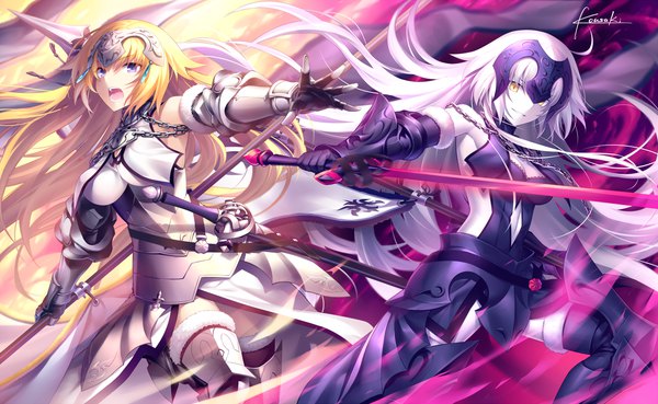 Anime picture 1300x800 with fate (series) fate/grand order fate/apocrypha jeanne d'arc (fate) (all) jeanne d'arc alter (fate) jeanne d'arc (fate) jeanne d'arc alter (avenger) (third ascension) (fate) kousaki rui long hair looking at viewer fringe breasts open mouth blonde hair smile wide image large breasts purple eyes yellow eyes looking away