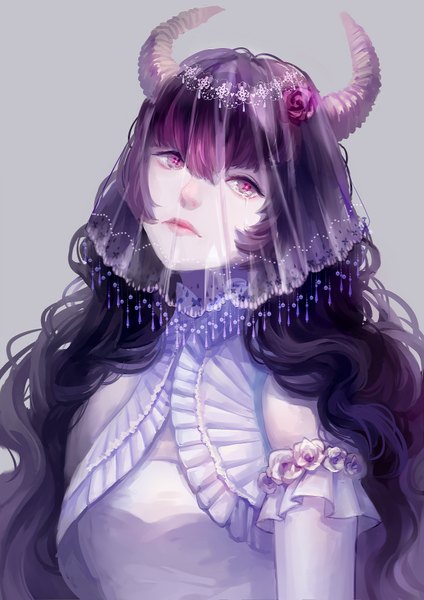Anime picture 2480x3507 with original 15seconds single long hair tall image looking at viewer fringe highres black hair simple background pink eyes hair flower horn (horns) grey background wavy hair close-up pale skin girl hair ornament flower (flowers)