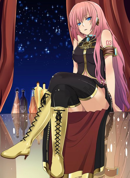 Anime picture 1200x1630 with vocaloid megurine luka nuko (mikupantu) single long hair tall image blue eyes sitting bare shoulders pink hair night tattoo night sky girl thighhighs black thighhighs headphones star (stars) knee boots bottle