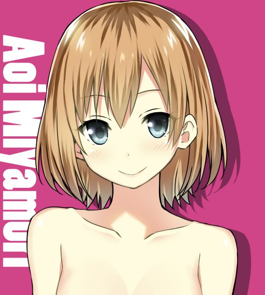 Anime picture 1080x1200 with shirobako p.a. works miyamori aoi sky-freedom single tall image looking at viewer blush short hair blue eyes light erotic simple background brown hair bare shoulders upper body character names topless pink background girl