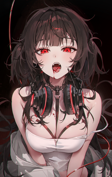 Anime picture 2000x3154 with original kellymonica02 single long hair tall image looking at viewer blush fringe highres breasts light erotic black hair red eyes large breasts bare shoulders cleavage upper body blunt bangs fang (fangs) two side up