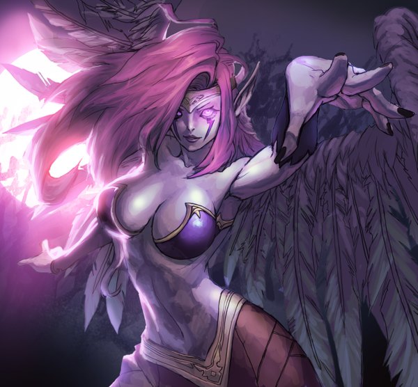 Anime picture 2666x2472 with league of legends morgana (league of legends) penett (artist) single long hair highres breasts light erotic large breasts purple eyes bare shoulders looking away purple hair nail polish pointy ears girl navel wings feather (feathers)