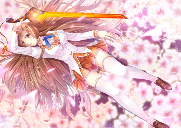 Anime picture 1280x905 with mirai millenium suenaga mirai noe noel single long hair brown hair brown eyes lying braid (braids) twin braids girl thighhighs skirt uniform flower (flowers) weapon school uniform miniskirt white thighhighs sword