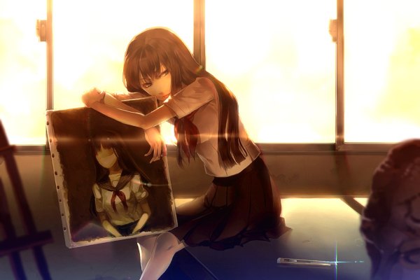 Аниме картинка 1200x800 с оригинальное изображение sunakumo один (одна) длинные волосы каштановые волосы сидит солнечный свет без лица рисование девушка форма школьная форма сэрафуку окно нож