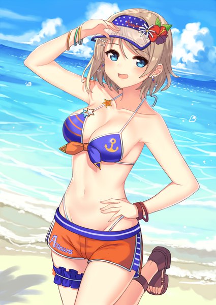 Anime picture 1168x1650 with love live! sunshine!! sunrise (studio) love live! watanabe you hajime kaname single tall image looking at viewer blush short hair breasts open mouth blue eyes light erotic smile large breasts standing bare shoulders sky cleavage