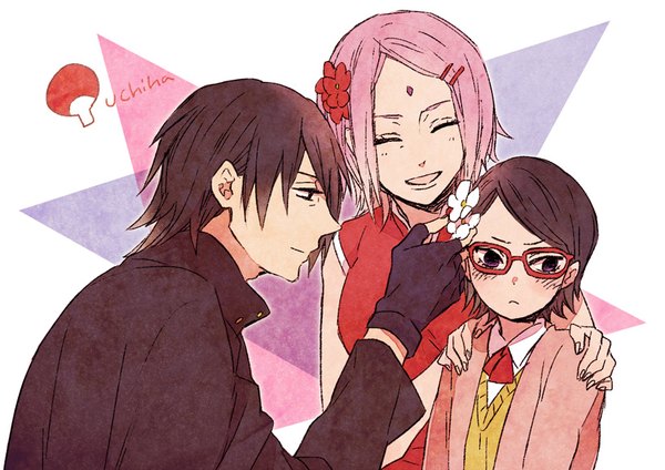 Anime picture 819x579 with naruto studio pierrot naruto (series) uchiha sasuke haruno sakura uchiha sarada yuinoji blush short hair black hair simple background smile brown hair white background purple eyes multiple girls looking away pink hair eyes closed profile