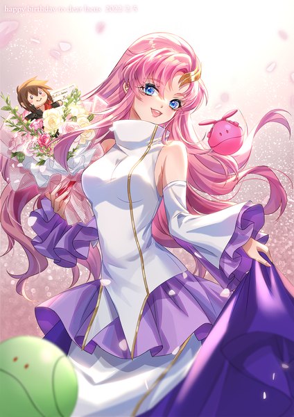 Anime picture 1000x1415 with mobile suit gundam gundam seed sunrise (studio) lacus clyne haro kira yamato tsuna2727 single long hair tall image looking at viewer open mouth blue eyes pink hair :d happy birthday girl hair ornament flower (flowers) detached sleeves
