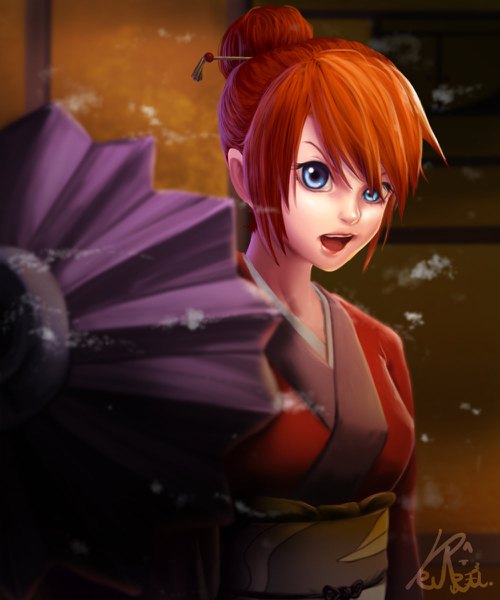 Anime-Bild 1000x1200 mit gintama sunrise (studio) kagura (gintama) keureu (tiqkdtiqkd10) single tall image fringe open mouth blue eyes hair between eyes signed upper body traditional clothes japanese clothes orange hair hair bun (hair buns) alternate hairstyle frown girl kimono