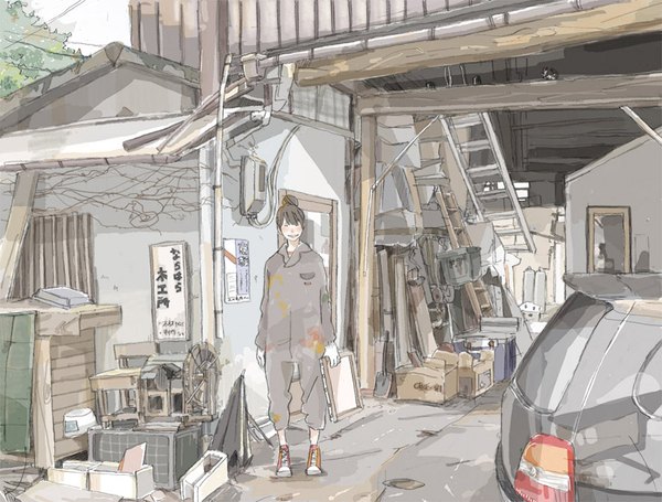 Anime picture 890x675 with original wamizu single short hair brown hair standing holding full body eyes closed hair bun (hair buns) girl shoes building (buildings) ground vehicle stairs sneakers car picture