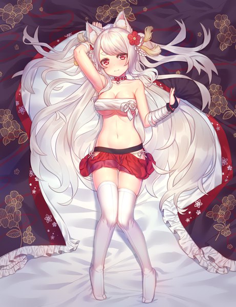 Anime picture 2160x2808 with azur lane yuudachi (azur lane) yuudachi (shogun of snowballs) (azur lane) chi yei single tall image looking at viewer blush fringe highres breasts light erotic red eyes animal ears silver hair full body lying very long hair arm up hair flower