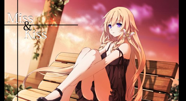Anime picture 800x436 with vocaloid ia (vocaloid) yuuki kira single long hair fringe blue eyes blonde hair wide image sitting looking away sky cloud (clouds) outdoors braid (braids) shadow legs sleeveless twin braids evening