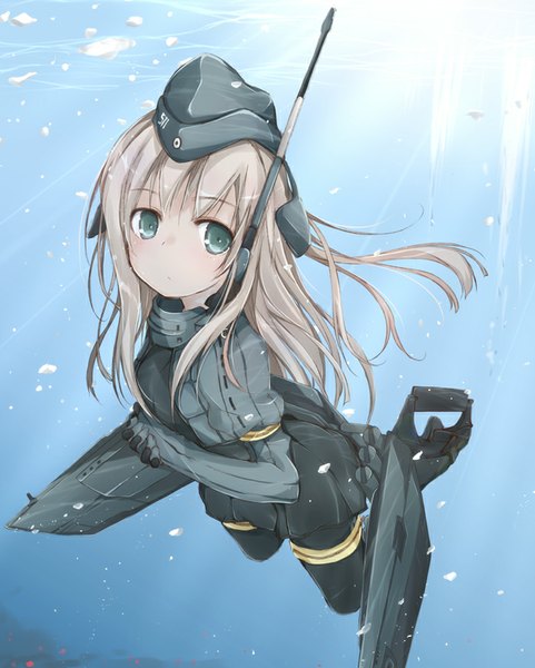 Anime picture 700x872 with kantai collection u-511 submarine yumesato makura single long hair tall image blush fringe looking away silver hair bent knee (knees) aqua eyes sunlight open clothes open jacket floating hair underwater sunbeam swimming girl