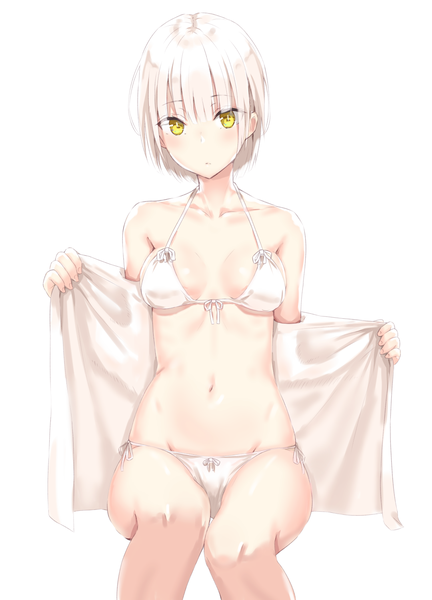 Anime picture 1080x1500 with original reinama single tall image looking at viewer blush short hair breasts light erotic simple background white background sitting bare shoulders holding yellow eyes cleavage bent knee (knees) white hair tsurime girl